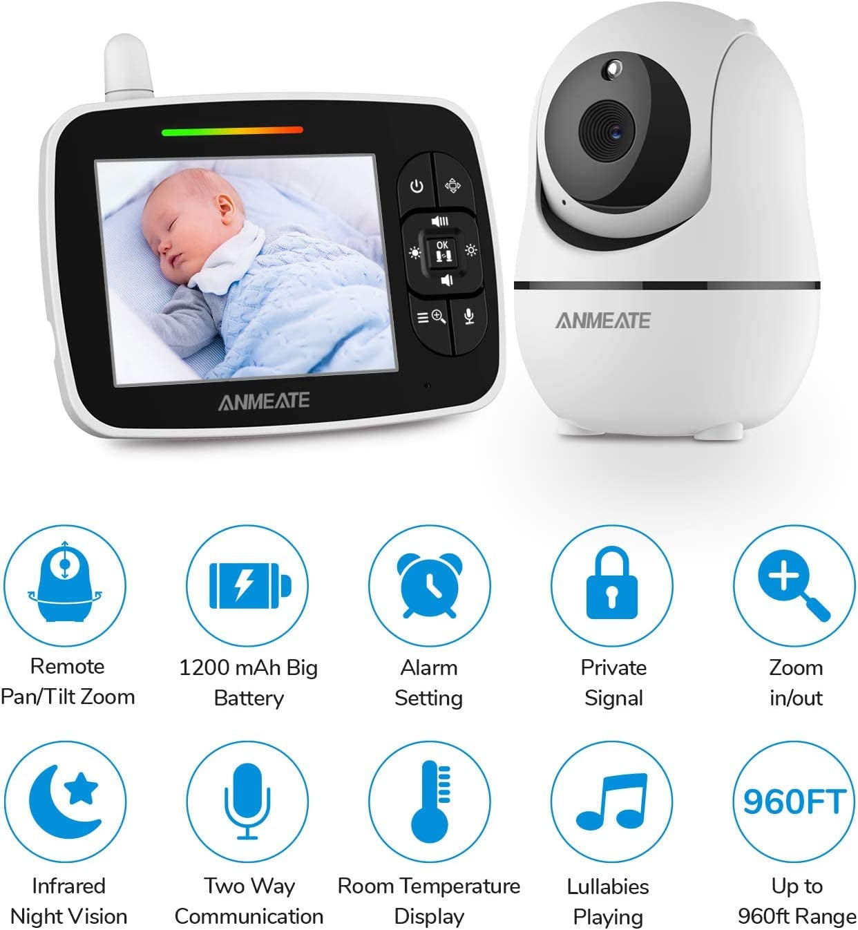 Professional Baby Monitor with Remote Pan-Tilt-Zoom Camera, Large Display Video Monitor with Audio, Infrared Night Vision, Two-Way Communication, Room Temperature Monitoring, Lullabies, and 960ft Range (Black)